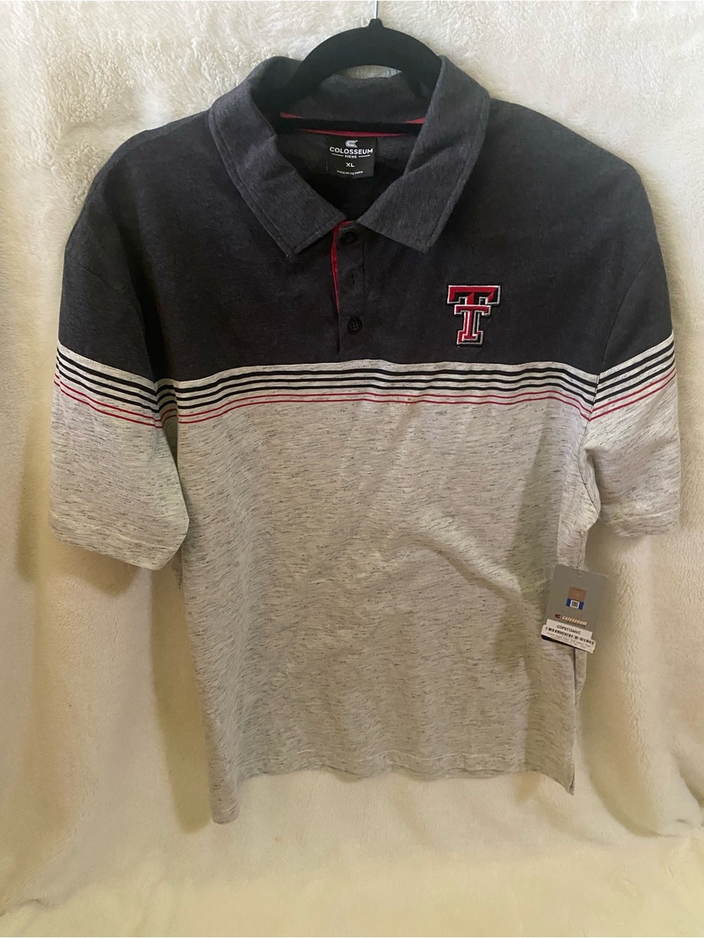 Colosseum Men’s Charcoal and Light Heather Grey Polo with Red Trim
